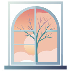 Winter tree silhouette seen through arched window isolated on transparent background