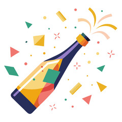 Celebration champagne bottle with confetti and streamers isolated on transparent background
