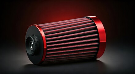 Sleek red and black cylindrical air filter, rendered with dramatic lighting on dark background