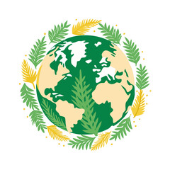 Stylized earth surrounded by green leaves and yellow foliage isolated on transparent background
