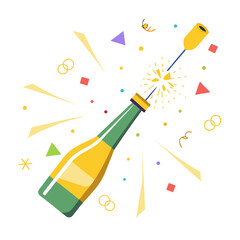 Champagne bottle popping with confetti and streamers isolated on transparent background
