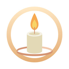 A lit candle with a warm flame inside a circular frame isolated on transparent background