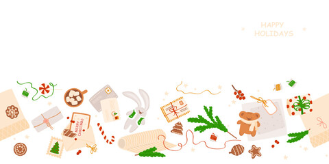 Obraz premium Christmas gifts preparation horizontal banner. Letter and boxes in wrappings with bows and branches, gingerbread cookies, cute toys, decoration. Seamless vector illustration on white background.