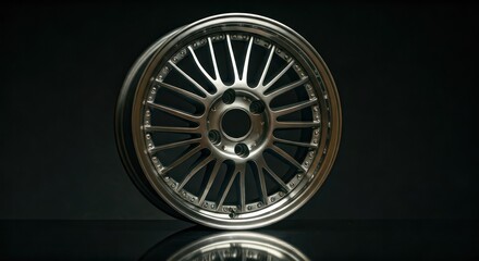 Sleek, shiny silver alloy wheel, intricate spoke design, isolated on a dark background