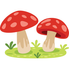 Two Red Mushroom With White Spots Growing On Green Grass In A Simple Flat Design Style