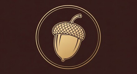 Golden Acorn Emblem in Circle on Dark Textured Background.