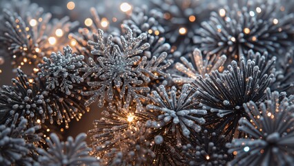 Macro close-up of glittering artificial snowflakes and pine needles with glowing festive lights in a shimmering silver and gold winter holiday background.