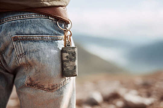 Closeup of person in jeans with keys on a belt, standing outdoors against a blurred natural backdrop. Symbolizing freedom, security, adventure, and lifestyle.