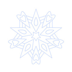 Snowflake icon vector. Detailed icy blue line art symbol with star center, isolated on white. Perfect for winter decor, Christmas cards, stickers, logo, and digital design.