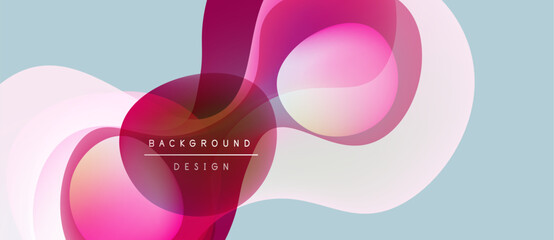 Abstract fluid shapes overlap, creating vibrant pinks, purples, whites. Soft gradients suggest movement, modern design aesthetic.