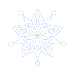 Snowflake icon vector. Detailed icy blue line art symbol with star center, isolated on white. Perfect for winter decor, Christmas cards, stickers, logo, and digital design.