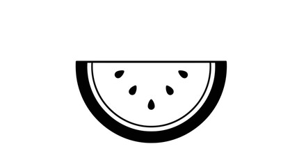 A black and white illustration of a watermelon slice with seeds.