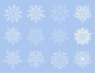 Set of 12 unique snowflake outline icons, geometric winter shapes for Christmas, New Year, seasonal decor, cards, patterns, crafts, and design projects on blue background