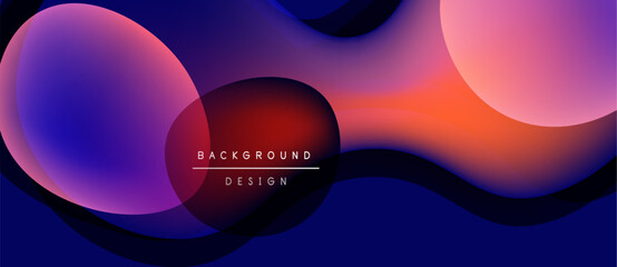 Abstract fluid shapes overlap, creating vibrant color gradients. Design features purple, pink, orange hues on dark blue background. Modern aesthetic.