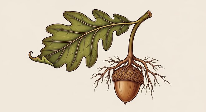 Oak leaf and acorn with roots illustration symbolizing growth and nature.