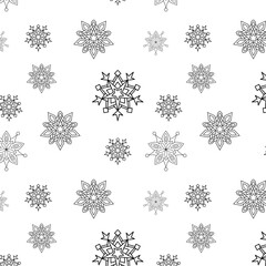 Seamless pattern with blue snowflake outlines on white. Elegant geometric winter background for Christmas wrapping paper, fabric, cards, seasonal decor, and web design