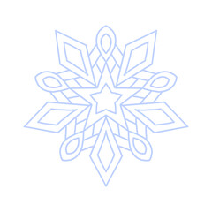 Snowflake icon vector. Detailed icy blue line art symbol with star center, isolated on white. Perfect for winter decor, Christmas cards, stickers, logo, and digital design.