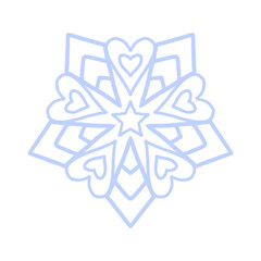 Snowflake icon vector. Detailed icy blue line art symbol with star center, isolated on white. Perfect for winter decor, Christmas cards, stickers, logo, and digital design.