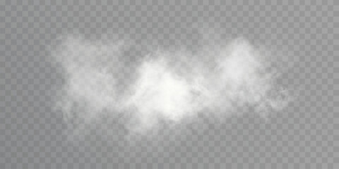 Naklejka premium Realistic soft white smoke cloud on transparent background, airy mist element for weather, magic, explosion or decor scenes. 
