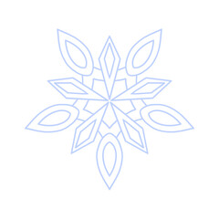 Snowflake icon vector. Detailed icy blue line art symbol with star center, isolated on white. Perfect for winter decor, Christmas cards, stickers, logo, and digital design.