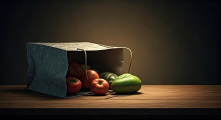 Still life of fresh produce spilling from a paper bag on a wooden surface