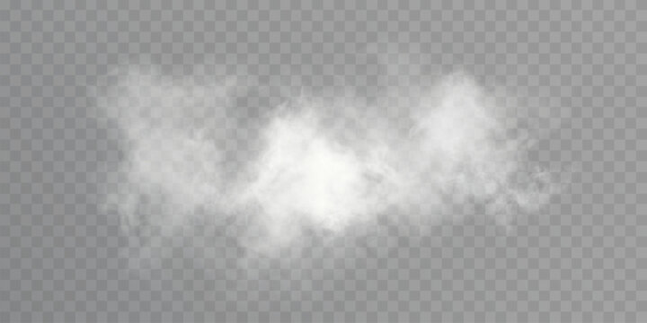Realistic soft white smoke cloud on transparent background, airy mist element for weather, magic, explosion or decor scenes.	