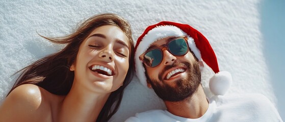 Festive Young Couple Playful in Santa Hats