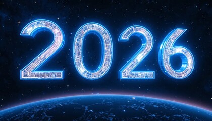 Conceptual Glowing 2026 Numbers with Cybernetic Circuitry over Earth and Starry Space