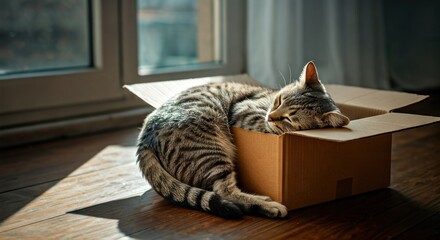 Striped cat asleep inside a cardboard box, lit by soft sunlight near a window