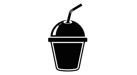 Black and white graphic illustration of a disposable cup with a dome lid and straw.