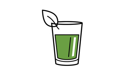 Illustration of a glass filled with green liquid, garnished with a leaf.