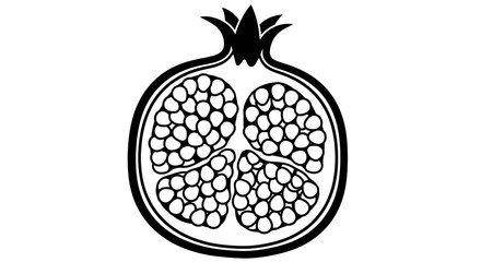 A black and white illustration of a pomegranate cut open, revealing the seeds.