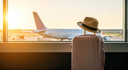 Suitcase with hat by airport window, plane on tarmac, warm sunlight