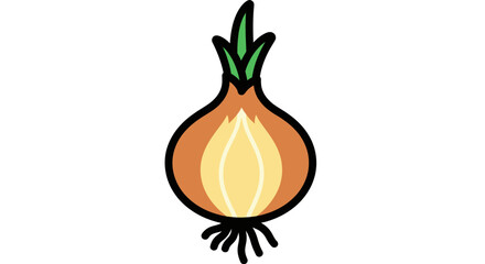 Illustration of a brown onion with green sprouts and roots on a white background.