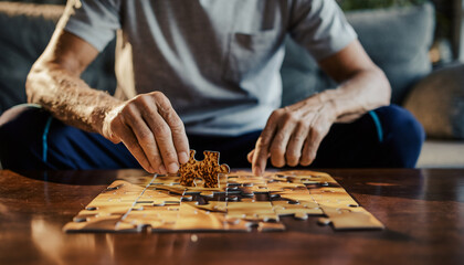 Focused senior citizen sitting at a wooden table assembling a challenging jigsaw puzzle, a therapeutic pastime for retirement