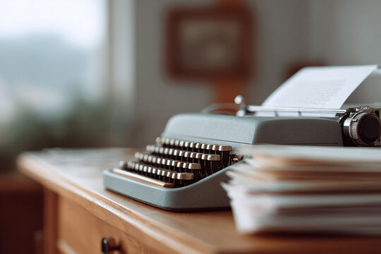 Vintage typewriter on wooden desk, embodying nostalgia, creativity, and the written word. Evokes feelings of classic literature and storytelling. Use for articles, blogs, ads.