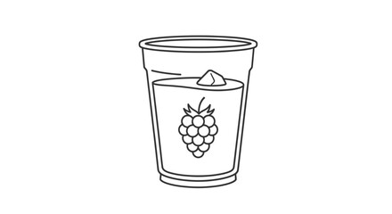 A transparent cup containing a refreshing drink with ice and a berry design.