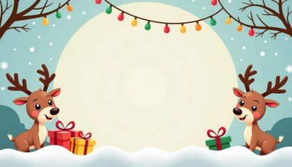 Fototapeta premium Cheerful Christmas Banner Mockup: Reindeer Illustration with Wrapped Gifts for Seasonal Promotions
