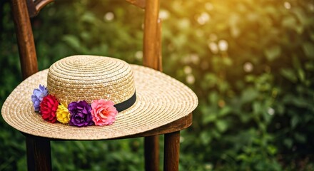 Sun hat with floral trim rests on a wooden chair, with out-of-focus greenery