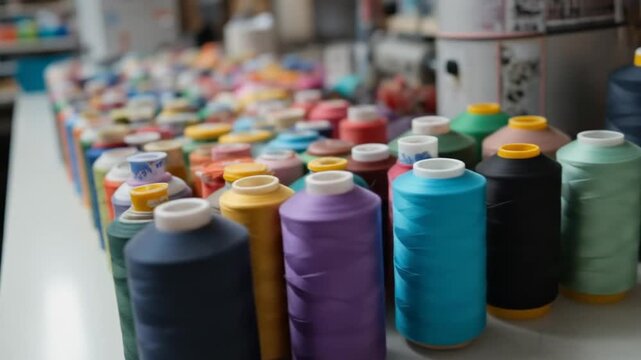 Colorful spools of thread line up in a sewing workshop, showcasing a variety of vibrant colors for various craft projects. 4k video