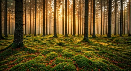 Sunlight filters through tall trees, illuminating a mossy forest floor in soft light