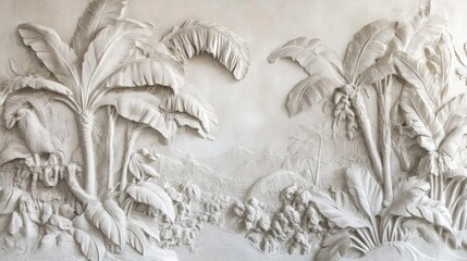 Fototapeta premium Intricate wall relief of tropical plants, foliage, mountains, and birds in white plaster