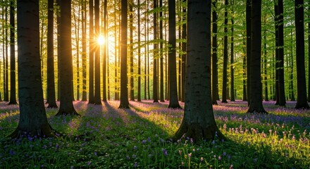 Sunlight streams through tall trees in a lush forest, casting long shadows on the ground