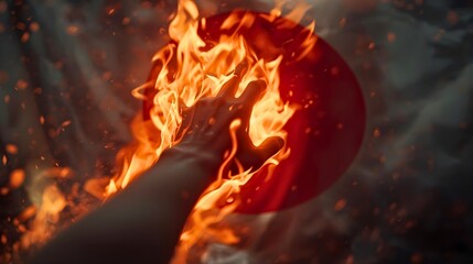 国旗損壊罪のイメージ｜炎に包まれた手が日本国旗に忍び寄る