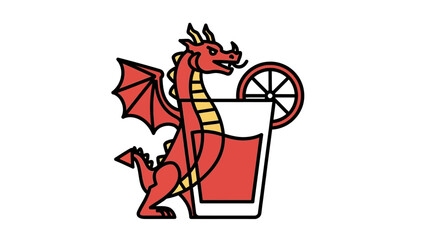 A red dragon illustration stands next to a refreshing beverage with a citrus garnish.
