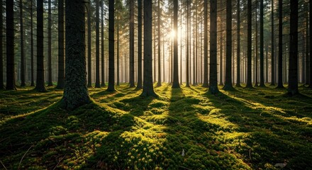 Sunlight streams through tall trees in a vibrant green forest, casting long shadows