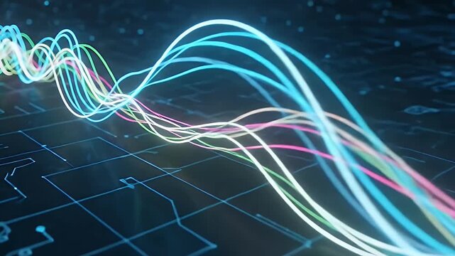 An abstract and dynamic visualization showcases multiple vibrant, glowing light trails undulating and flowing across a dark, technologically-inspired background. The multicolored lines, featuring shad