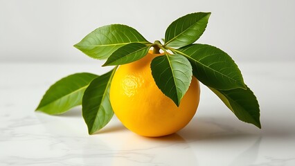 Fresh lemon with green leaves on a marble surface, showcasing vibrant yellow against a clean white background.