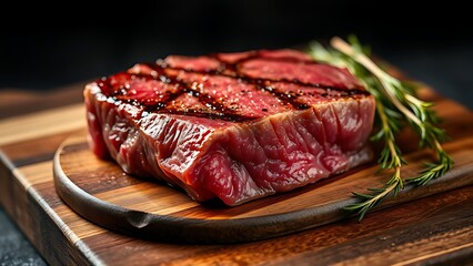 Close-up of raw beef on a wooden surface, showcasing freshness and culinary appeal.