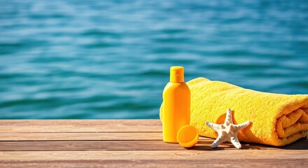 Sunscreen, towel, and starfish on a wooden deck with a blurred ocean background